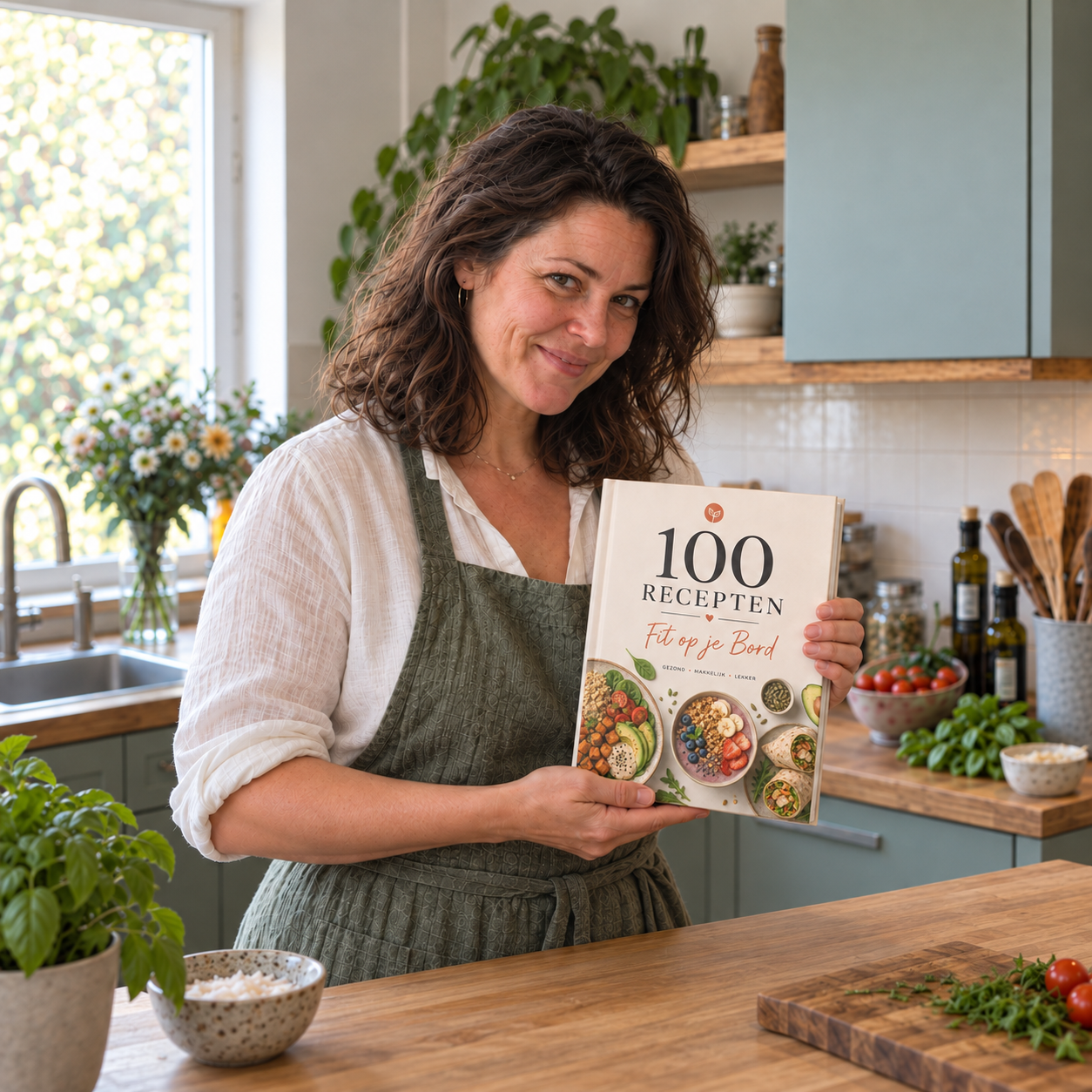 Louise met het kookboek 100 Recepten van Fit op je Bord