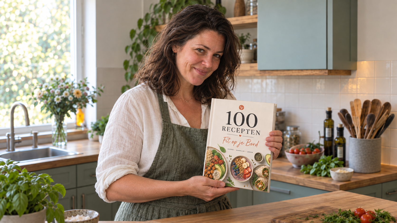 Louise met het kookboek 100 Recepten van Fit op je Bord